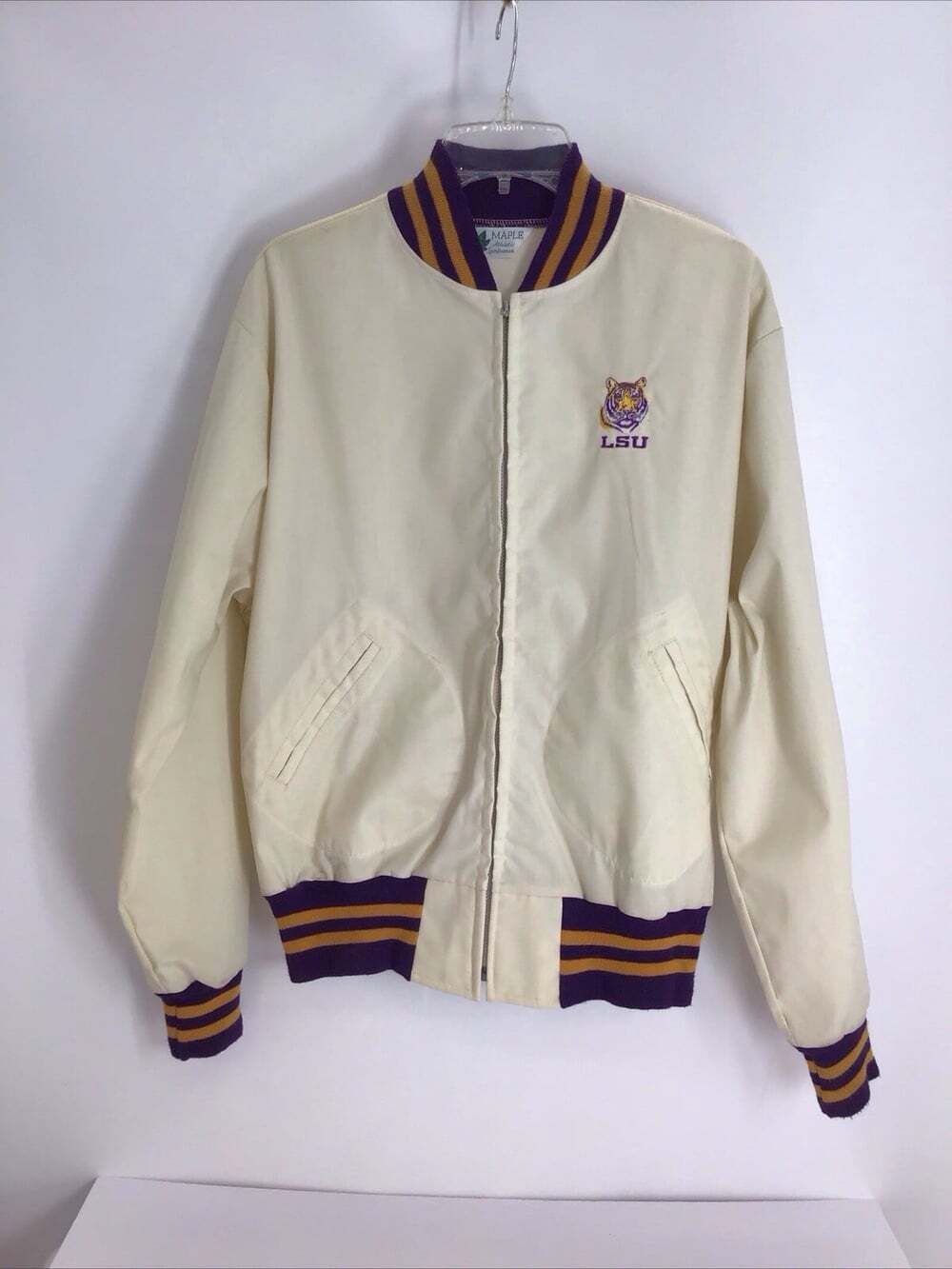 Vintage 70’s LSU Logo Maple Athletic Sportswear Bomber Jacket Creme Size Med